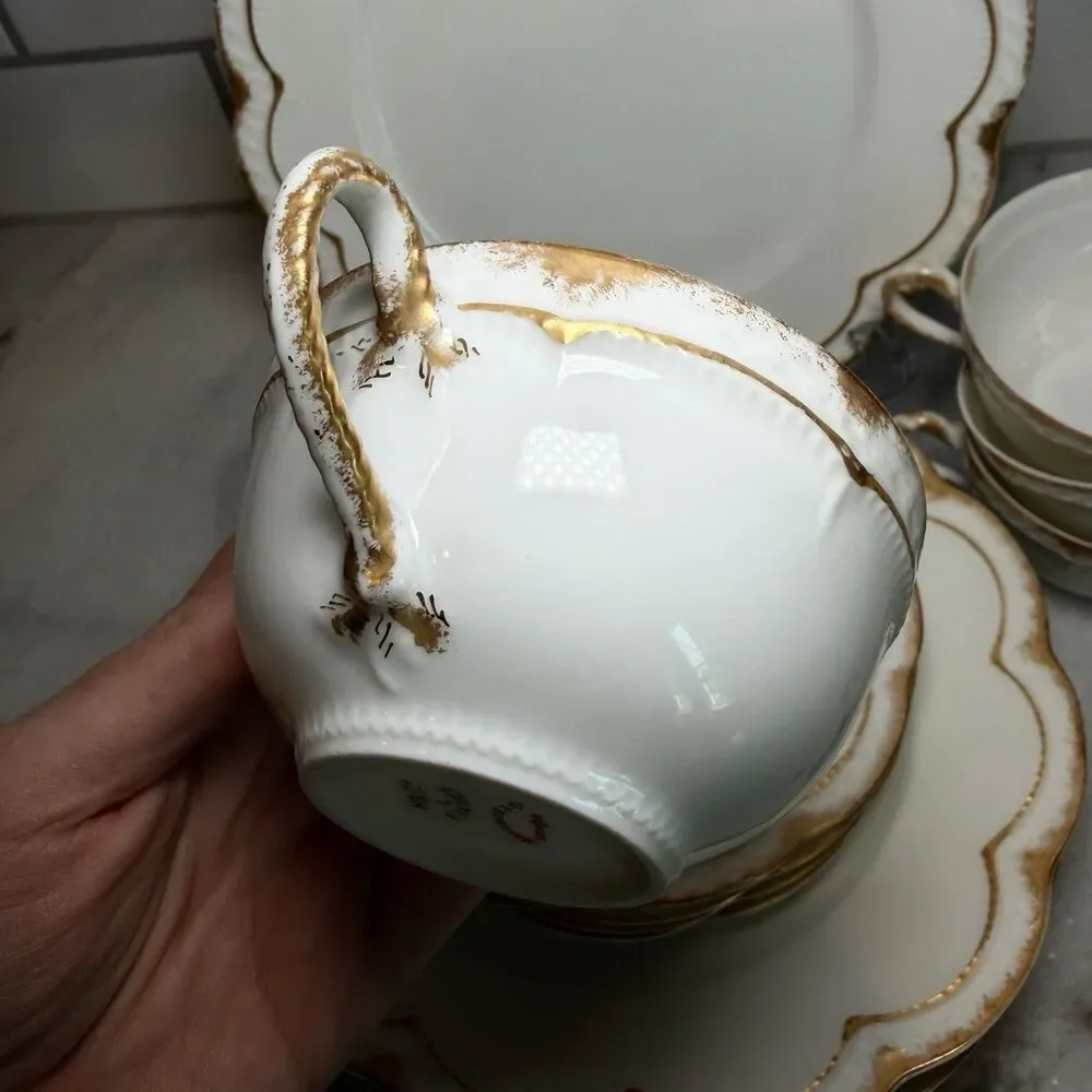 Antique Haviland Limoges Gold Dusted Rim Scalloped Plate Saucers Cups For 4 Set